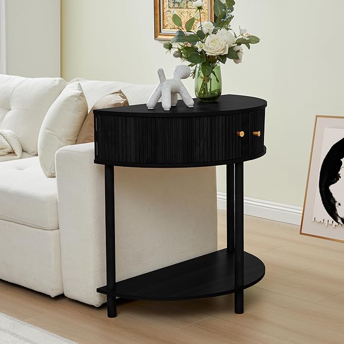 Fluted Half Moon Console Table, Modern Small Entry Table Sofa Table with Storage, Solid Wood Legs Narrow Entryway Table for Living Room, Hallway, Foyer(Black)