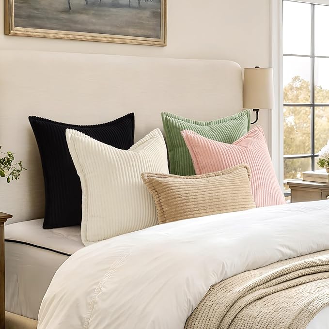 decorUhome Corduroy Black Throw Pillow Covers 24x24 Set of 2 Decorative Soft Boho Striped Neutral Euro Farmhouse Couch Pillow Covers with Broadside for Living Room Bed Sofa