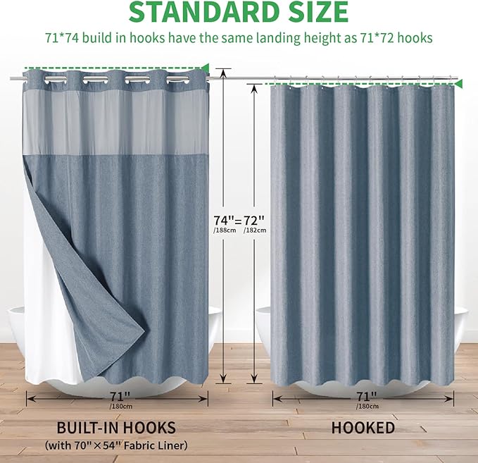 No Hooks Needed Linen Textured Shower Curtain with Snap-in Fabric Liner Set,Blue Grey Hotel Luxury Decor Shower Curtains for Bathroom with Mesh Top Window,Waterproof & Washable,71Wx74H