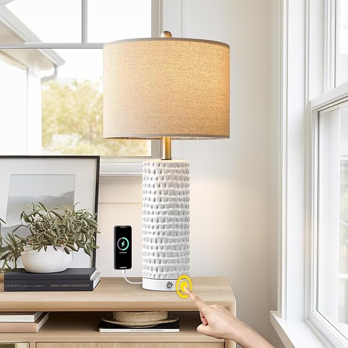 PORTRES 24" Farmhouse 3-Way Dimmable Touch Ceramic Table Lamp Set of 2 for Bedroom White Bedside Lamps with USB A+C Charging Ports for Living Room Nightstand Lamp End Table Lamps