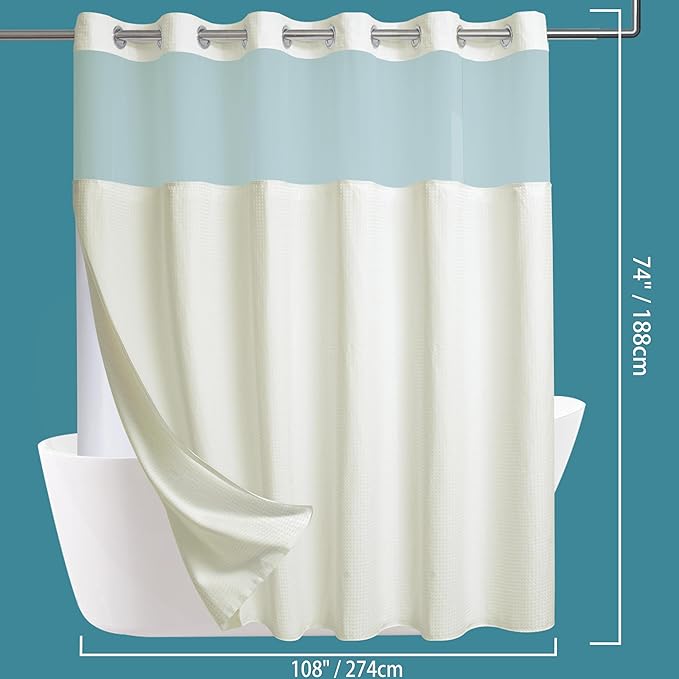 Extra Wide No Hook Waffle Weave Shower Curtain with Snap in Liner Set, 108" x 74" Hotel Luxury Beige Shower Curtains for Bathroom with See Through Top Window, Waterproof, Washable 108W x 74H