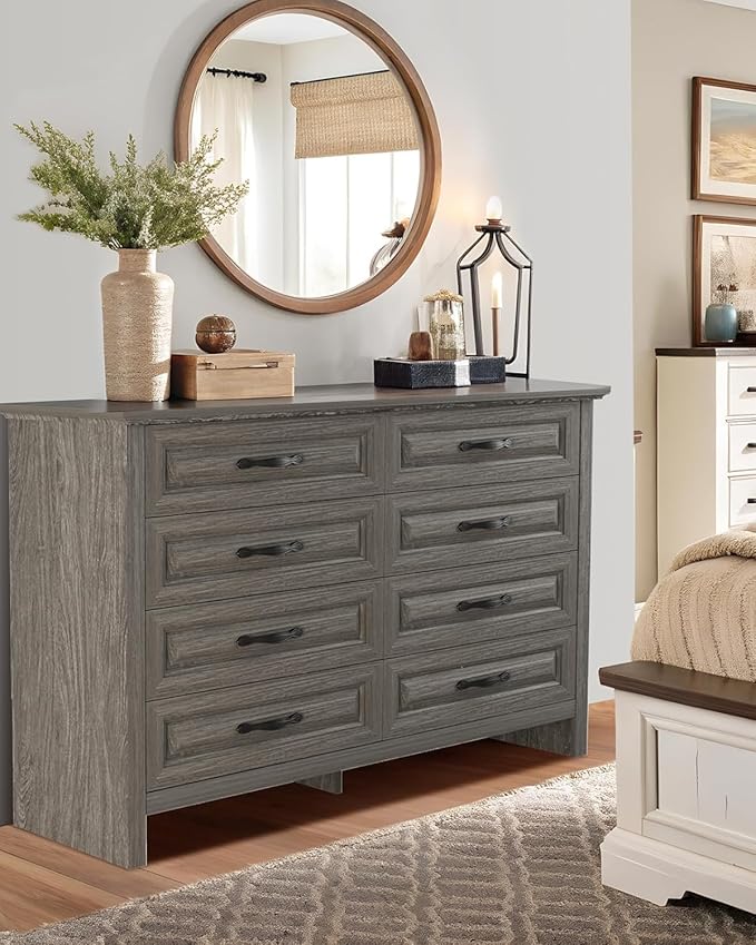 Pipishell Grey 8 Drawers Dresser for Bedroom, 47" Wide Wood Rustic Chest of Drawers with Bar Handles, Farmhouse Storage Dressers Organizer for Bedroom, Living Room, Hallway, Grey