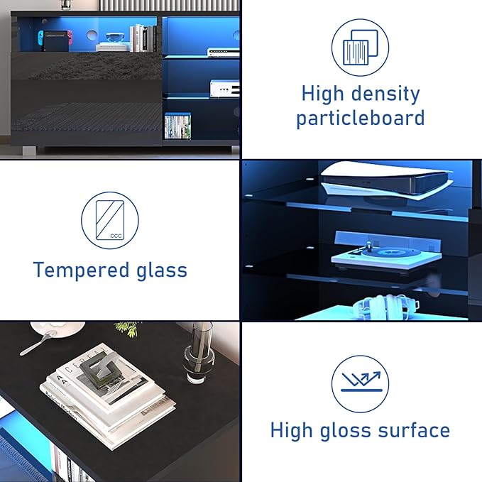 St.Mandyu LED TV Stand for 75/80 inch TV, Modern Television Table Center Media Console with Drawer and Led Lights, High Glossy Entertainment Center for Living Game Room Bedroom(Black)