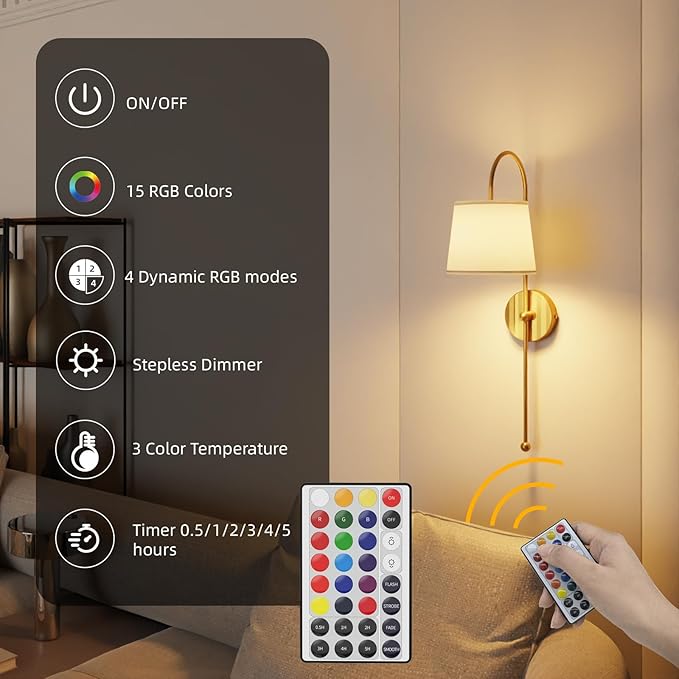 Battery Operated Wall Sconce Set of 2, Rechargeable Wireless Wall Decor Sconces, Two Battery Powered Wall Lights, Dimmable Magnetic RGB Bulbs & Remote, Lamp for Living Room Bedroom - Gold