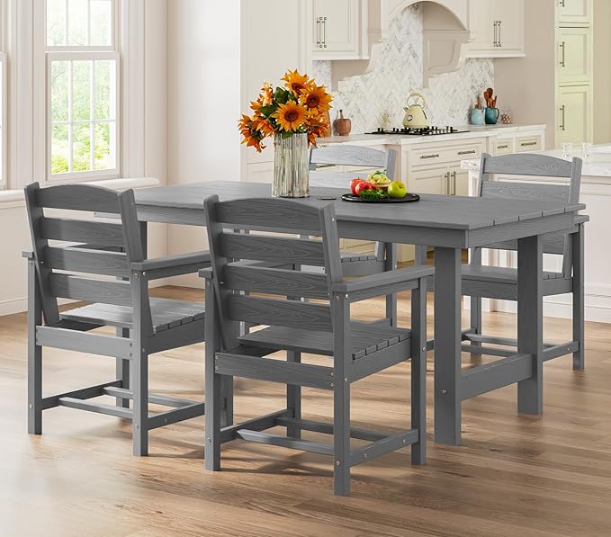 SERWALL Modern Patio Dining Set, 5-Piece Rectangular HDPE Dining Table with Umbrella Hole & 4 Chairs, Grey