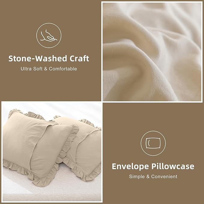 QSH Shabby Ruffled Comforter Queen Size, Farmhouse Wheat Bedding Comforter Set, 3 Pieces Lightweight Vintage Rustic Soft Comforter Queen for Bed, All Season Microfiber Fully Bedding Sets