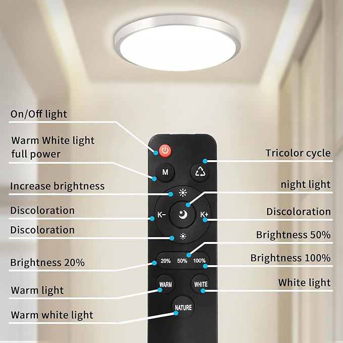 LED Flush Mount 13 Inch Ceiling Lights Fixture with Remote Control,Ceiling Lights Round,Dimmable 24W 2500LM 3000K-6500K Light Color Adjustable, Modern Ceiling Lamp for Kitchen Bedroom