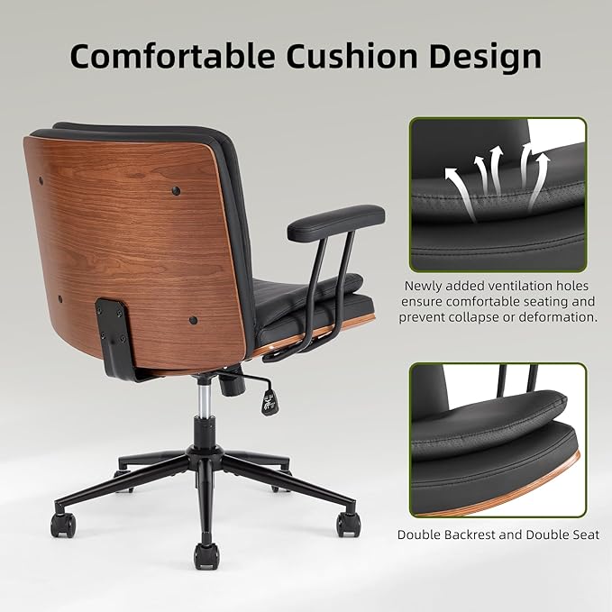 Criss Cross Chair with Armrests & Wheels, PU Leather Adjustable Swivel Walnut Task Chair with Wide Seat, Ergonomic Mid Back Computer Office Desk Chairs for Meeting Room, Home