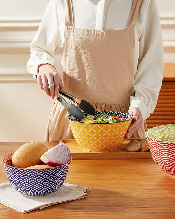 Ceramic Mixing Bowls for Kitchen, Colorful Nesting Bowls, Large Serving Bowls for Prepping, Baking, Mixing, Salad, Microwave Dishwasher Safe, 3.7/2.3/1.4 Qt, Set of 3