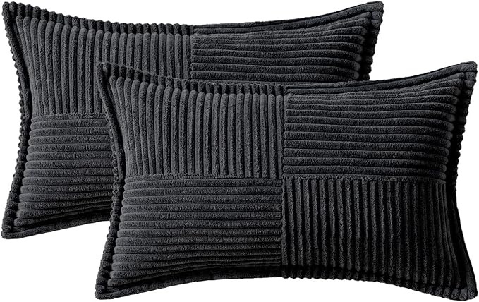 MIULEE Decorative Lumbar Throw Pillow Covers for Couch Bed Livingroom 12x20 Inch Set of 2 Black Boho Accent Throw Pllows Broadside Striped Patchwork Soft Corduroy Pillowcases