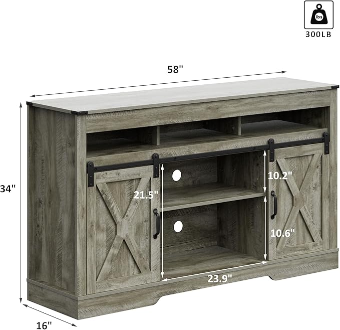 Farmhouse TV Stand for 65+ Inch TV, 34'' Tall Entertainment Center with Sliding Barn Doors, Rustic Wood Media Console Storage Cabinet Television Stand for Living Room, Bedroom Light Grey