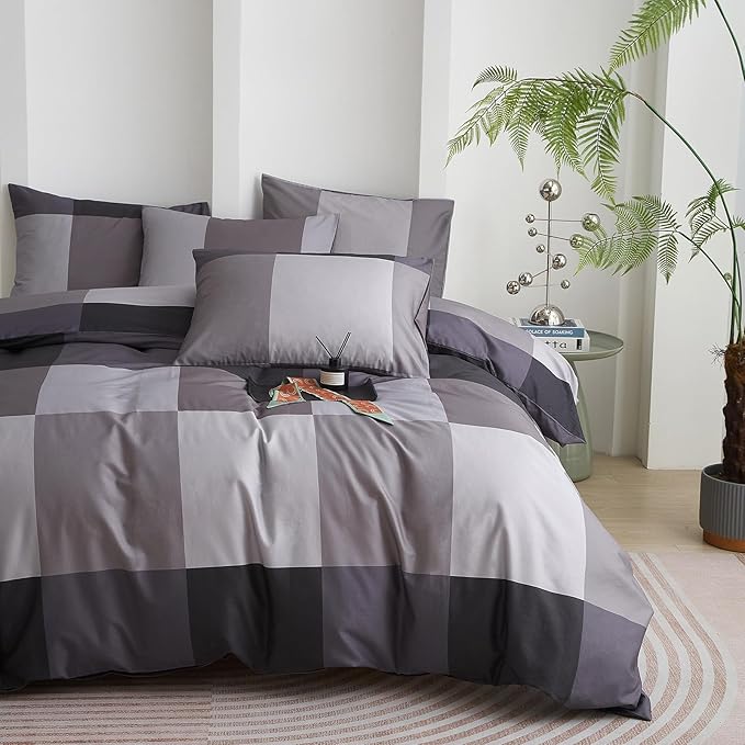 mixinni Full Size Comforter Sets Men Boys Geometric Checkered Plaid Printed Bedding Comforter for All Season Soft Lightweight Bedding Set-(Full Size, Grey,Black)