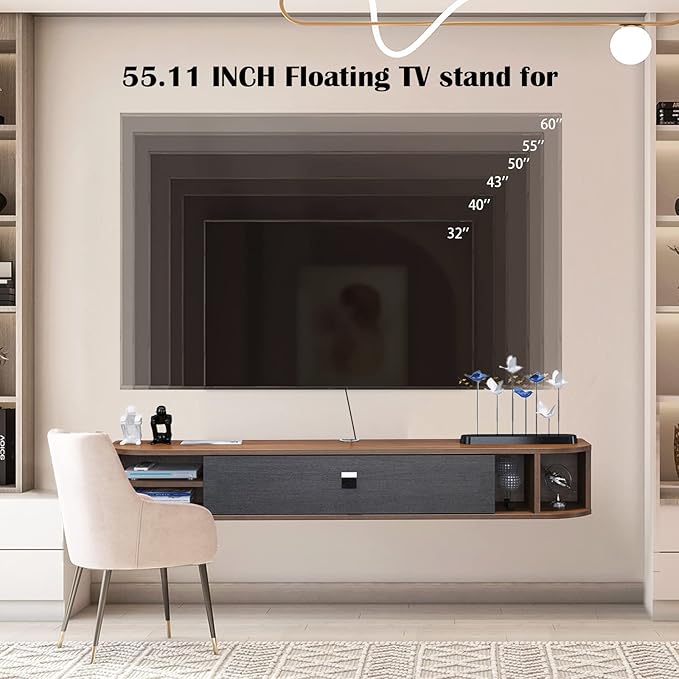 Pmnianhua Floating TV Stand,55'' Under TV Shelf,Modern Floating TV Console,Wall Mounted TV Cabinet, Entertainment Center with Storage for Bedroom Living Room(Walnut)