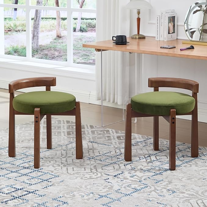DUOMAY Modern Velvet Vanity Stool, Upholstered Low Back Ottoman with Solid Wood Legs Cute Round Footrest Makeup Stool Dressing Seat for Living Room Bedroom, Green