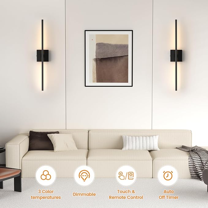 VOLISUN Battery Operated Wall Sconce Set of Two, Black Rechargeable Wall Lights with Remote Control, 3000K-6500K Dimmable Wall Lamp, 27.6 Inch LED Wireless Wall Lights for Bedroom, Living Room,Hallway