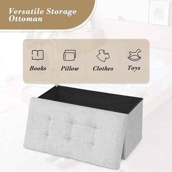 Athena Collection Linen Ottoman with Storage, 30 Inches Large Storage Ottoman Bench with 90L Storage, End of Bed Bench Foot Rest for Living Room, Bedroom, Entry, Light Grey