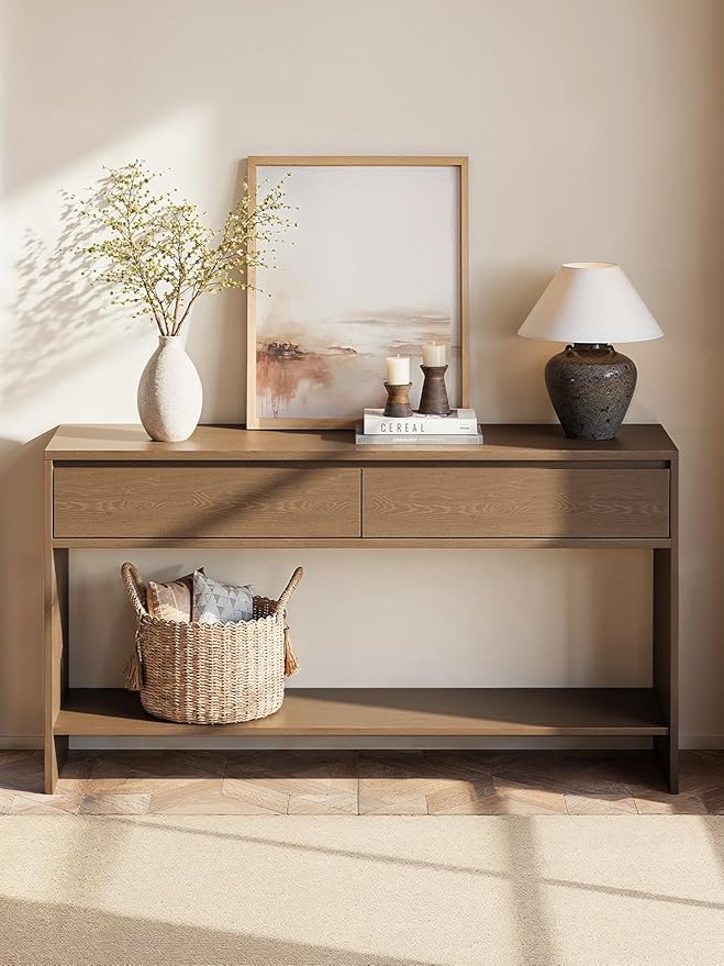 Solid Wood Console Table with Storage Drawers, 55" Sofa Table with Open Shelf, Behind Couch Table Entryway Table for Living Room, Hallway, Entrance, Foyer
