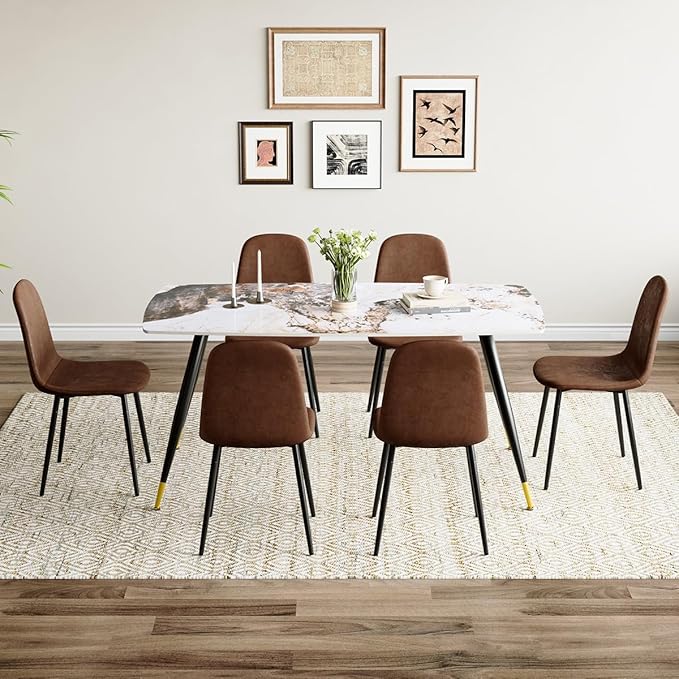 Dinner Table Set for 6, Sintered Stone Kitchen Table Top and Modern Chairs Set of 6 for Kitchen Dining Room