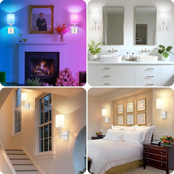 14.5 Inch Battery Operated Wall Sconces Set of 2 with Remote, Brushed Nickel Rechargeable Wireless Wall Lights with White Fabric Shade, Cordless Wall Lamps with Dimmable Detachable Bulbs for Bedroom