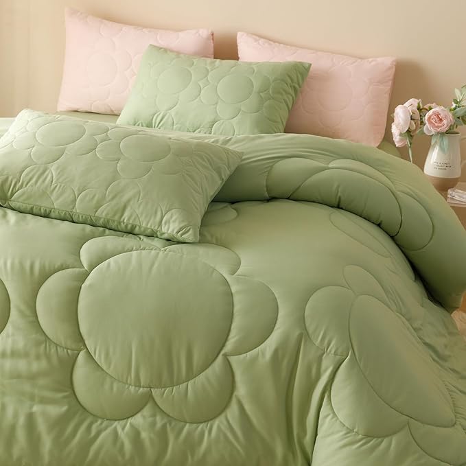 Luxlovery Sunflower Sage Green Comforter Set Full Light Green Quilts Big Flowers Bedding Comforter Set Botanical Farmhouse Soft Breathable Bohemian Comforter Women Girls