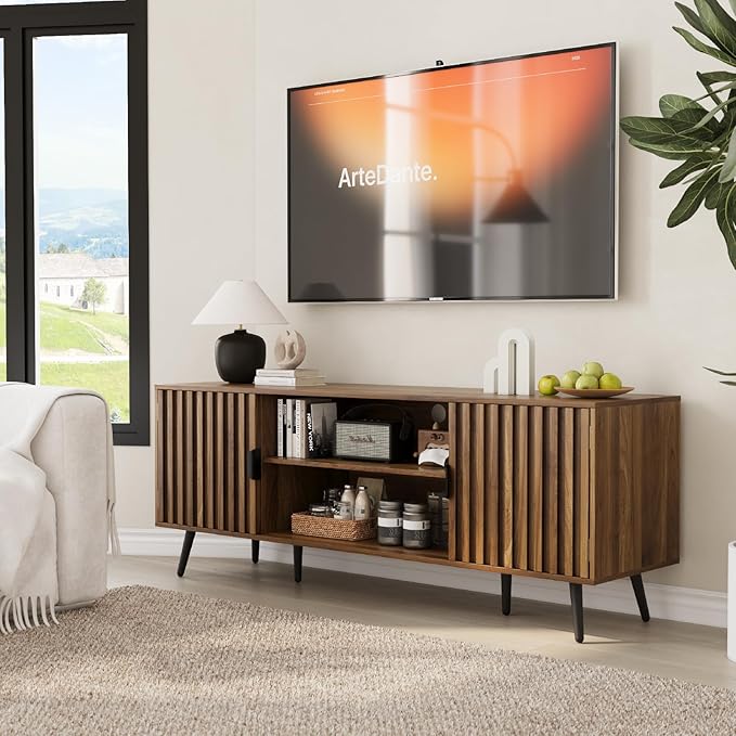 Walnut Fluted TV Stand for 55 Inch TV, Entertainment Center with Adjustable Shelf, 2 Cabinets, Mid Century Modern Media Console, Metal Feet, Cord Holes, for Living Room, Bedroom