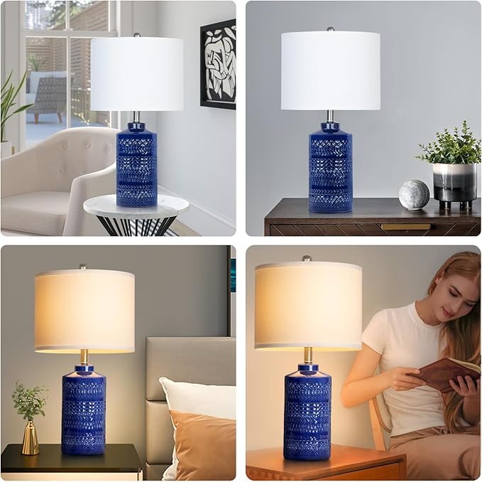 24.5" Navy Blue Table Lamp Modern Bedside Ceramic Lamps for Living Room 3-Way Dimmable Entryway Nightstand Farmhouse Lamp for Home Office Bedroom, Bulb Included