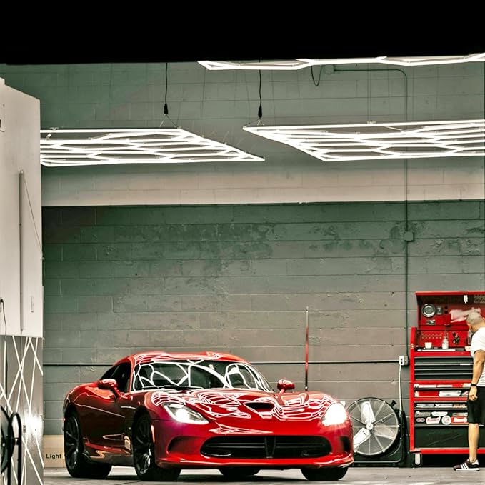 Hexagon Led Lights, Hexagon Garage Lights, 14 Grids High Brightness 680W 88400 Lumens Honeycomb Lights Ceiling for Auto Beauty Detailing Shop,Exhibition Hall, Gym