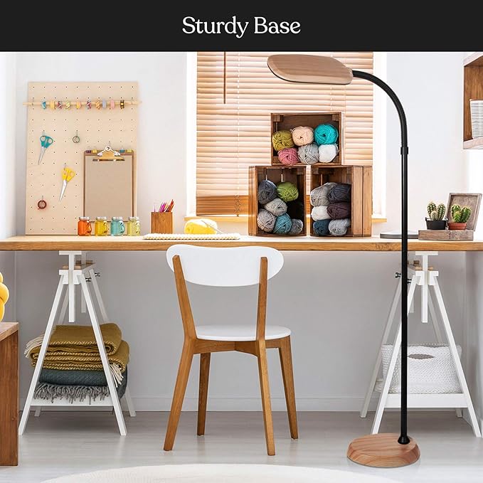 Brightech Litespan Slim LED Floor Lamp - Modern Reading Light Over Chair for Living Rooms & Offices, Tall With Adjustable Gooseneck, Crafts Work Light, Dimmable Standing for Bedroom - Wood