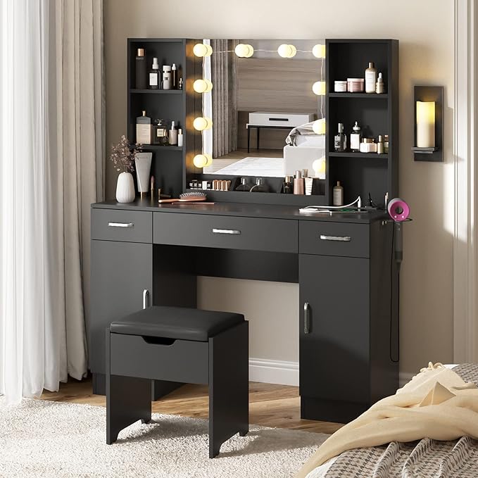 Vabches Makeup Vanity Table with Lighted Mirror & Power Strip, Large Vanity Set Vanity Desk with Lots Storage, 3 Lighting Modes, Brightness Adjustable, 45.2in(Large, Black)