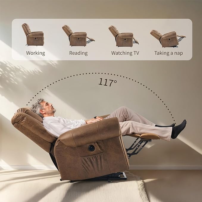FLEXISPOT Power Lift Recliner Chair for Elderly with Massage & Heat, Faux Leather Electric Reclining Chair for Seniors with USB Ports, Cup Holders & Side Pockets(Medium Size,Camel Brown