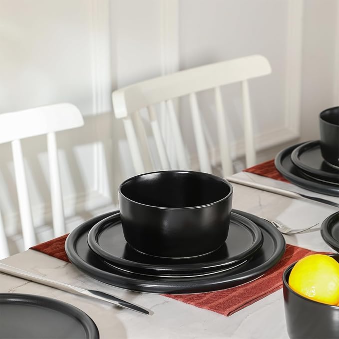 Stone Lain Eden 24-Piece Dinnerware Set Stoneware, Plates and Bowls Set, Dishwasher and Microwave Safe Dish, Dish Set for 8, Black
