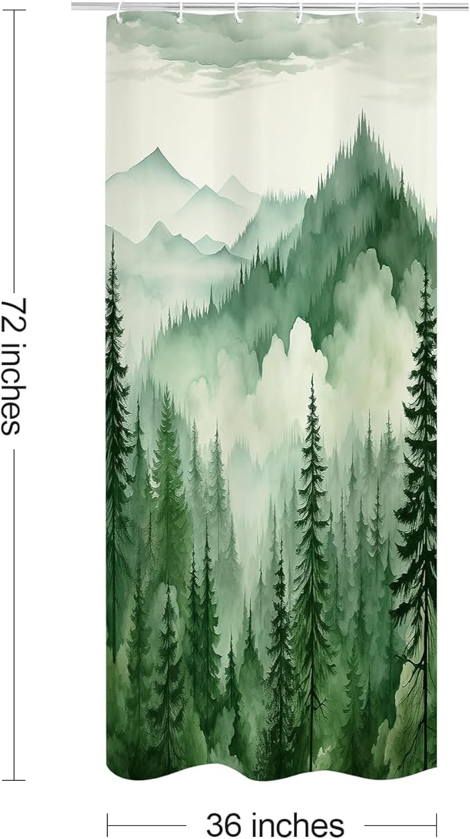 Green Small Stall Misty Pine Forest Shower Curtain 36 x 72, Mountain Foggy Woodland Scenery Tree Narrow Half Size Shower Curtains for Bathroom, Abstract Waterproof Nature-Themed Decor