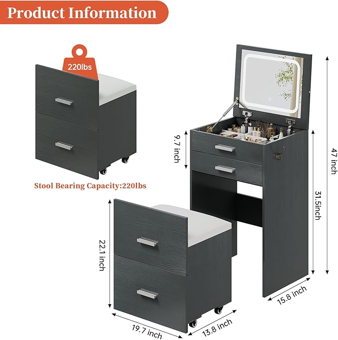 Compact Vanity with 3 Drawers, 3 in 1 Vanity Desk, Makeup Desk with Flip-up 3 Colors Lighting Mirror and Cushioned Stool, Small Vanities Nightstand Perfect for Bedroom, Gray