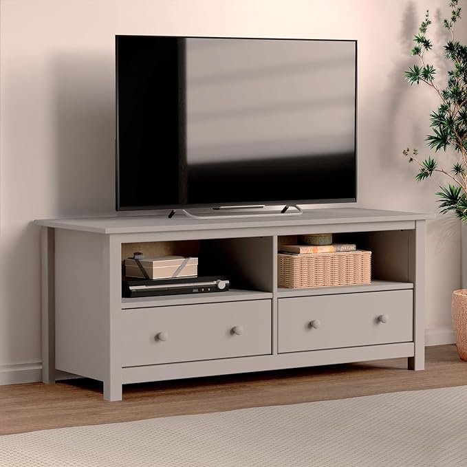 Handcrafted Solid Oak TV Stand Entertainment Center - Elegant Gray Media Console with Spacious Storage Drawers & Open Shelves - Sturdy Wood Cabinet Fits TVs up to 55 Inches
