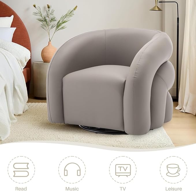 34.6" W Swivel Accent Chair, Modern Round Faux Leather Armchair for Living Room,Upholstered Comfy Sofa Chairs for Bedroom Reading Apartment Lounge,Fully Assembled(Grey)