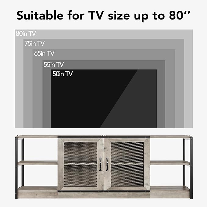 CABIHOME Farmhouse TV Stand for 75/80 inches TVs, Entertainment Center with Storage Cabinet and Mesh Doors, Industrial Media Console Cabinet Table, Living Room Media Furniture, Light Grey