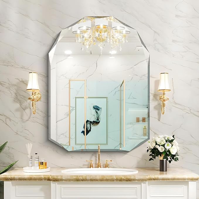 KOCUUY 30"x40" Frameless Mirror, Arched Shape with Diamond-Shaped Beveled Edge,Unframed Decorative with Upgraded Shatterproof Glass,Unique Frameless Mirror for Bathroom,Living Room,Bedroom