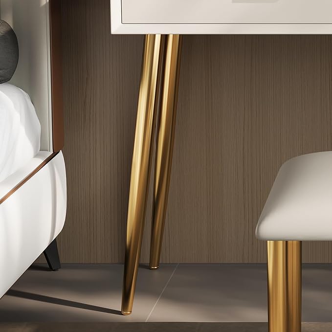 IKuinen Makeup Vanity Desk with Mirror and Lights, Small Vanity Table with 2 Drawers, Stool, Vanity Set for Bedroom with Leather, 3 Lighting Modes - 47.2In Beige