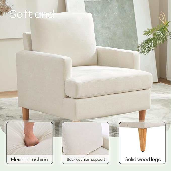 VKNOW Mid-Century Accent Chair, Modern Upholstered Chenille Armchair for Living Room,Comfy Reading Accent Chairs with Wood Legs for Bedroom, Beige