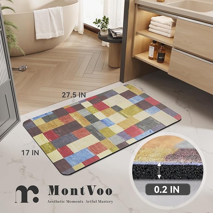 MontVoo -Bath Mat-Non Slip Thin Bathroom Rugs Fit Under Door- Quick Dry Absorbent Faux Suede Surface Grey Bathroom Floor Mats-Shower Rug for in Front of Bathtub Shower Retro Colors Plaid 17x27.5