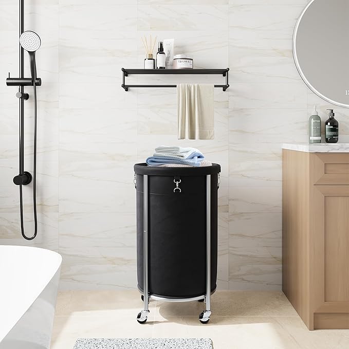 ELYKEN Laundry Hamper with Wheels, 110L Rolling Laundry Basket, Round Laundry Cart with Steel Frame and Removable Bag, 4 Casters and 2 Brakes, Dirty Clothes Hamper for Hotel, Home, Closet, Dorm, Black