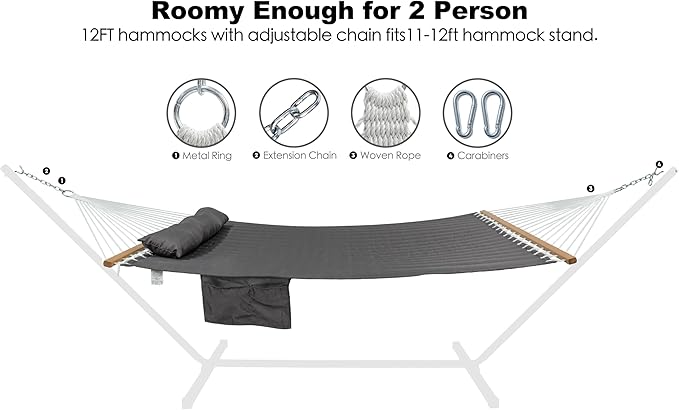 2 Person Hammocks for Outside, Double Quilted Fabric Outdoor Hammock with Spreader Bar, Large Removable Pillow, Storage Pockets, Carabiners, Max 475 lbs Capacity (Dark Grey)