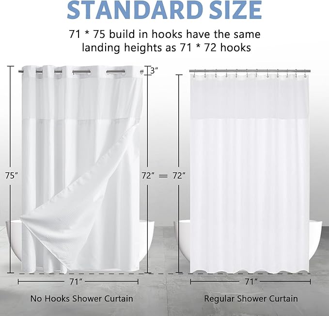 Furlinic Waffle Weave No Hook Shower Curtain with Snap in Fabric Liner Set,Heavy Duty Textured Bathroom Curtain with See Through Window,Waterproof & Machine Washable,Hotel Style,White,71x75 Inch