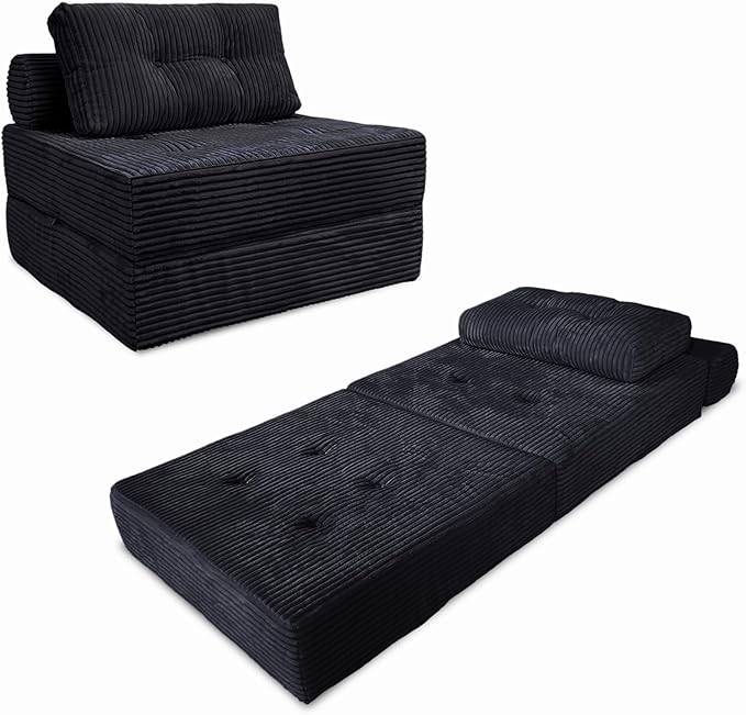 Sofa Bed Futon, Versatile Foldable Sleeper Chair with Pillow, Supportive Memory Foam, Plush Corduroy Fabric, Cozy Floor Couch, Convertible Mattress for Bedroom/Living Room/Guest/Office, Black