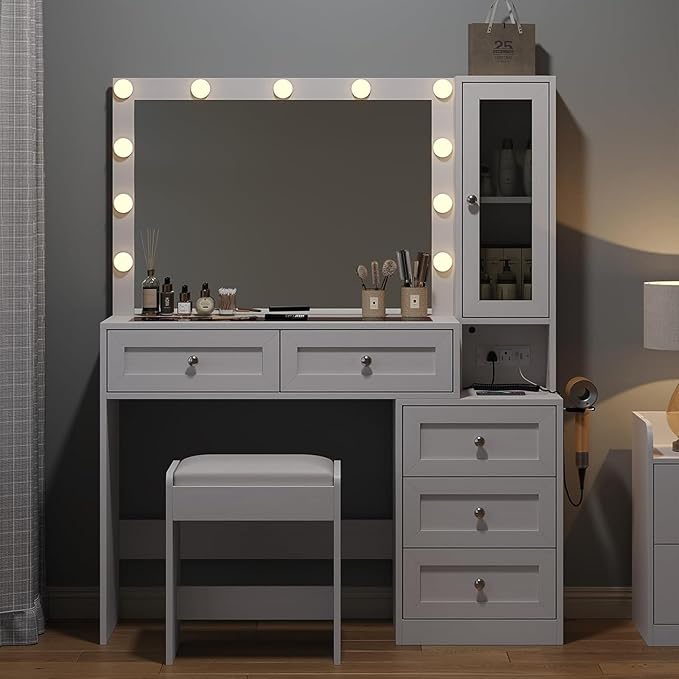 43" W Vanity Desk with Mirror & 11 Lights, 5 Drawer Modern Makeup Desk with Glass top & Cushioned Stool, 3 Lighting Modes Brightness Adjustable,Power Outlet,Bedroom,White