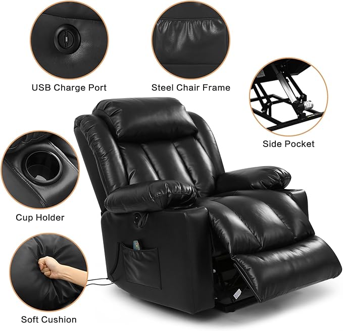 PARKOL Power Lift Recliner Chair for Elderly Breathable Leather Recliner Chair with Massage and Heat,2 Cup Holders,Electric Stand Assist,USB Ports,Gifts for Family (Black)