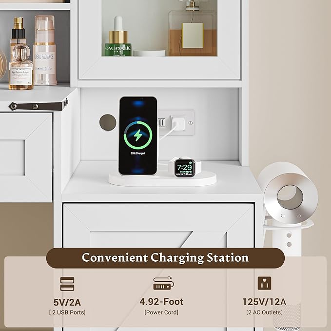 Farmhouse Makeup Vanity Desk with Mirror and Lights, White Vanity Desk with Lighted Mirror & Power Outlet, RGB Glass Cabinet, Makeup Dressing Table with 3 Lighting Modes for Bedroom