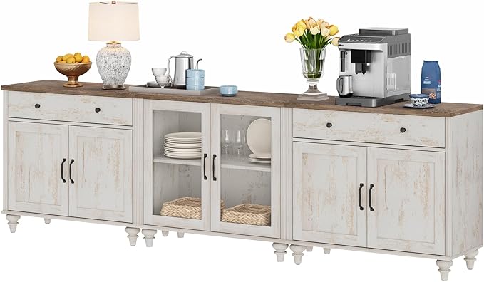WAMPAT Farmhouse TV Stand for 100 Inch TV, 3-in-1 TV Console Table for 75/80/85/90 Inch TV, Entertainment Center with Glass & Wood Door, Kitchen Sideboard Buffet Cabinet for Living Room, Rustic White