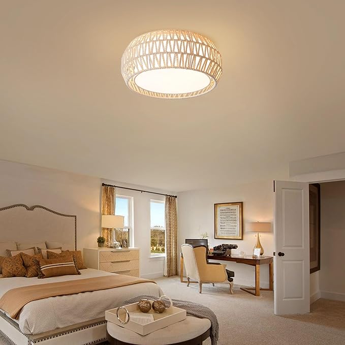 WINGBO 15.7" Modern 3-Light Flush Mount Ceiling Light Fixture with Fabric & Acrylic Double Drum Shade for Bedroom Living Room Dining Room Hallway Entryway, White