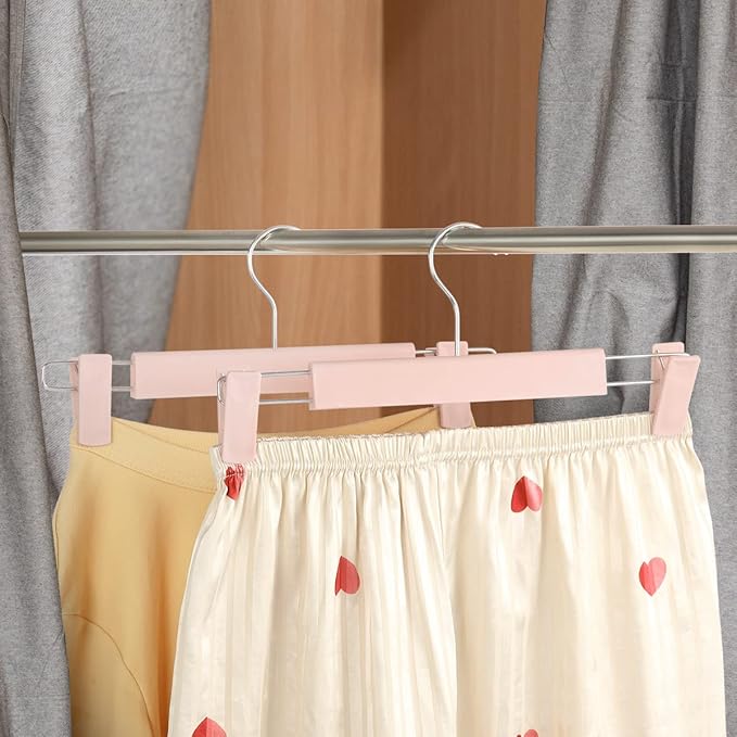 Clothes Pants Hangers, Space-Saving Skirt Holders with 360 ° Swivel Hooks, Adjustable Clips, Trouser Hangers, Clothes Coat Garment Jeans Hangers (10 Pack, Pink)